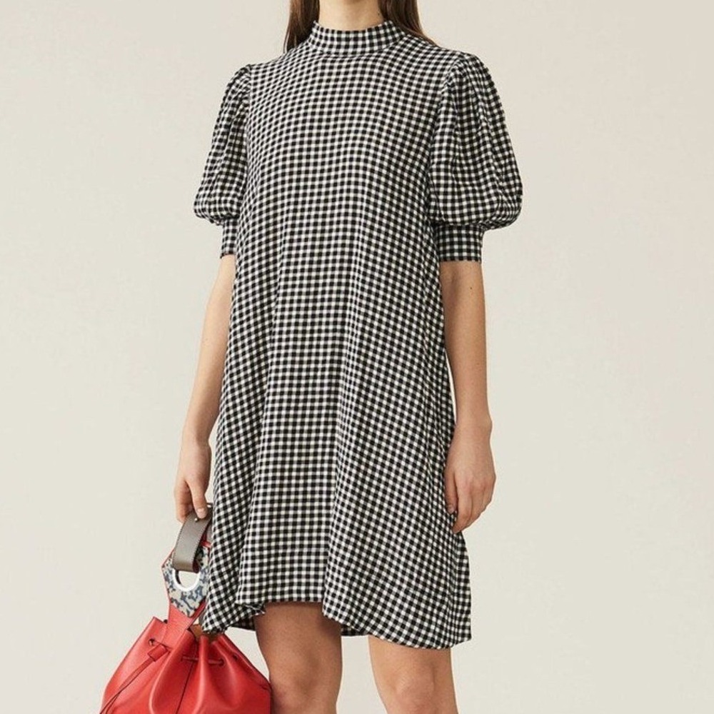 GANNI Black White‎ Gingham Printed Crepe Dress Short Sleeve Mock Neck EU42 US10